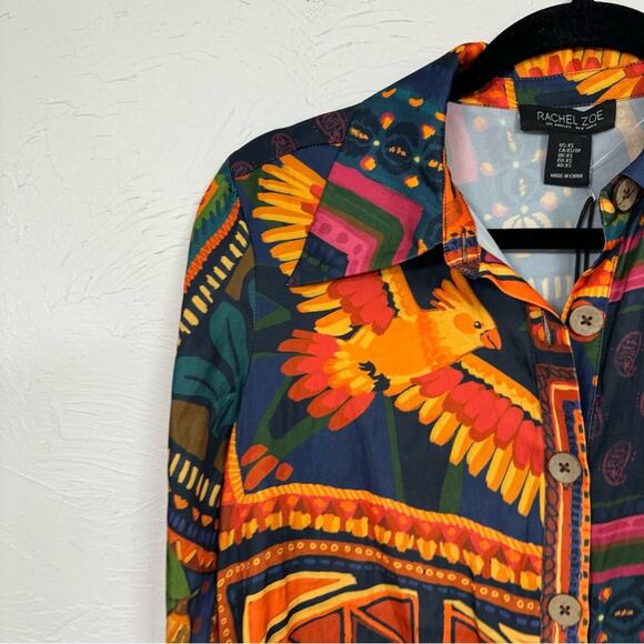 Rachel Zoe Colorful Tropical Print Button Down Shirt Womens XS Bird Palm Tree - Picture 5 of 11
